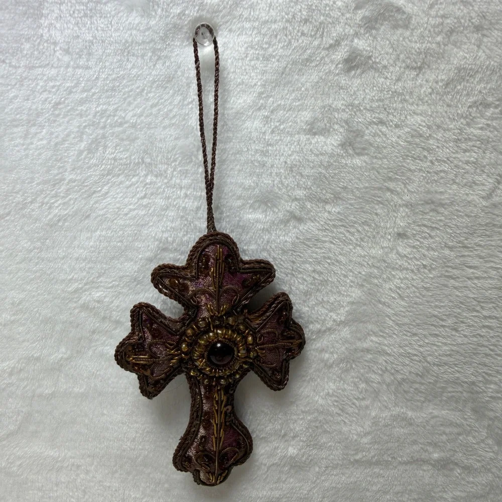 Ornate Hand Beaded Cross Ornament Purple Mauve Gold Metallic Sequin Embroidered